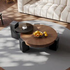 37 Modern Round Nesting Coffee Table,Mid Century Wood Coffee Table, Brown & Black Solid Wood Veneer, Set of 2