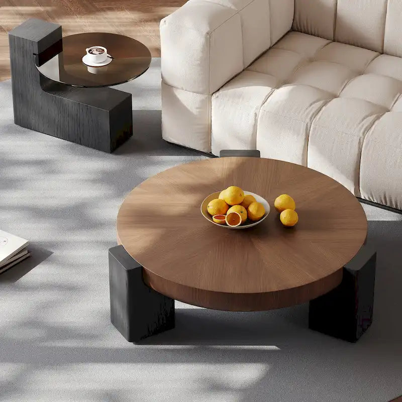 Table basse gigogne ronde moderne 37, table basse en bois de style Mid-Century, placage en bois massif marron et noir