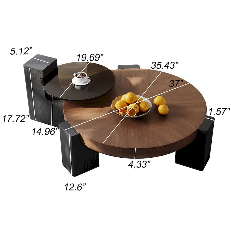 Table basse gigogne ronde moderne 37, table basse en bois de style Mid-Century, placage en bois massif marron et noir