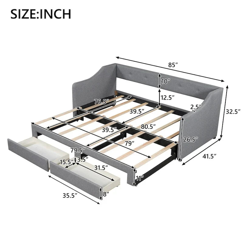 Lit de jour simple XL convertible en lit double avec tiroirs