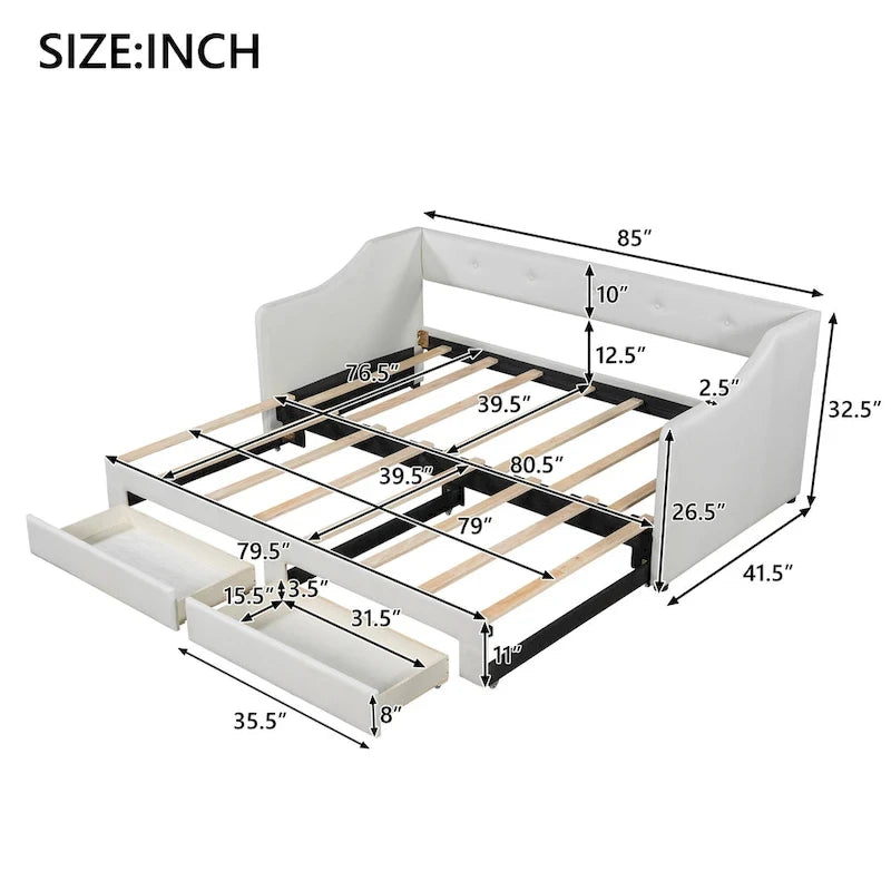 Lit de jour simple XL convertible en lit double avec tiroirs