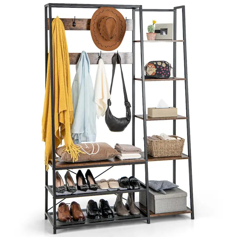 Portemanteau d'entrée 5-en-1 autoportant Costway avec banc à chaussures de rangement - 1 pièce