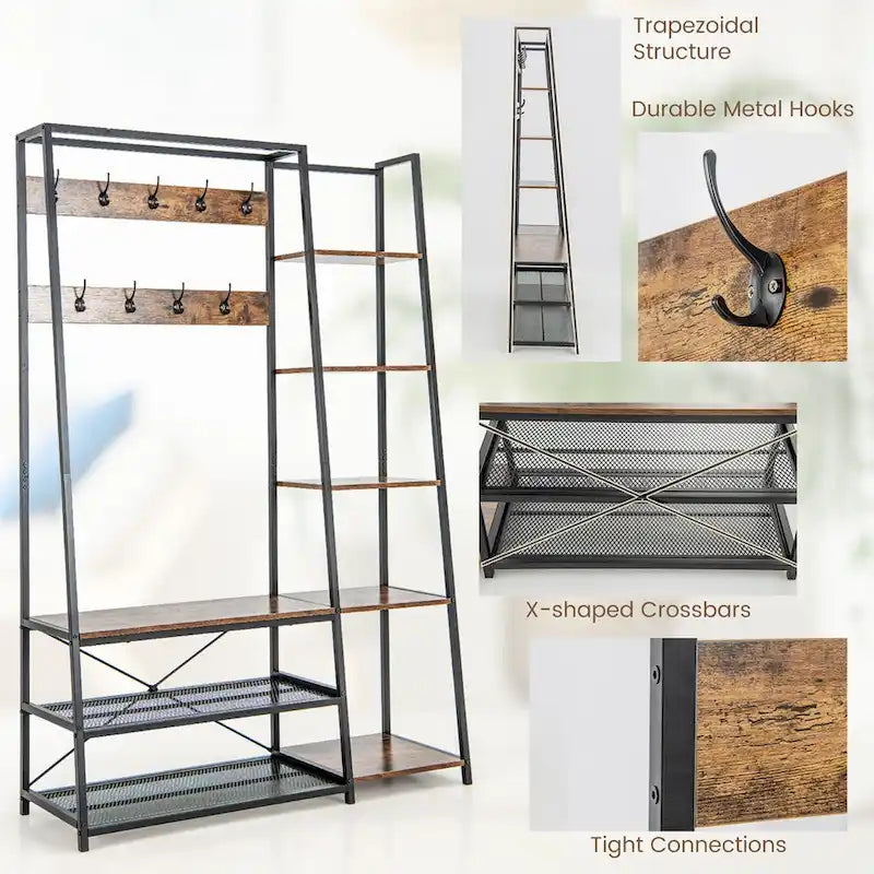 Portemanteau d'entrée 5-en-1 autoportant Costway avec banc à chaussures de rangement - 1 pièce