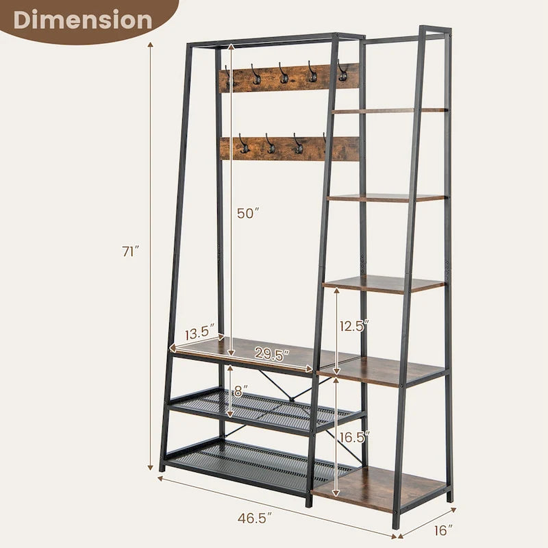 Portemanteau d'entrée 5-en-1 autoportant Costway avec banc à chaussures de rangement - 1 pièce