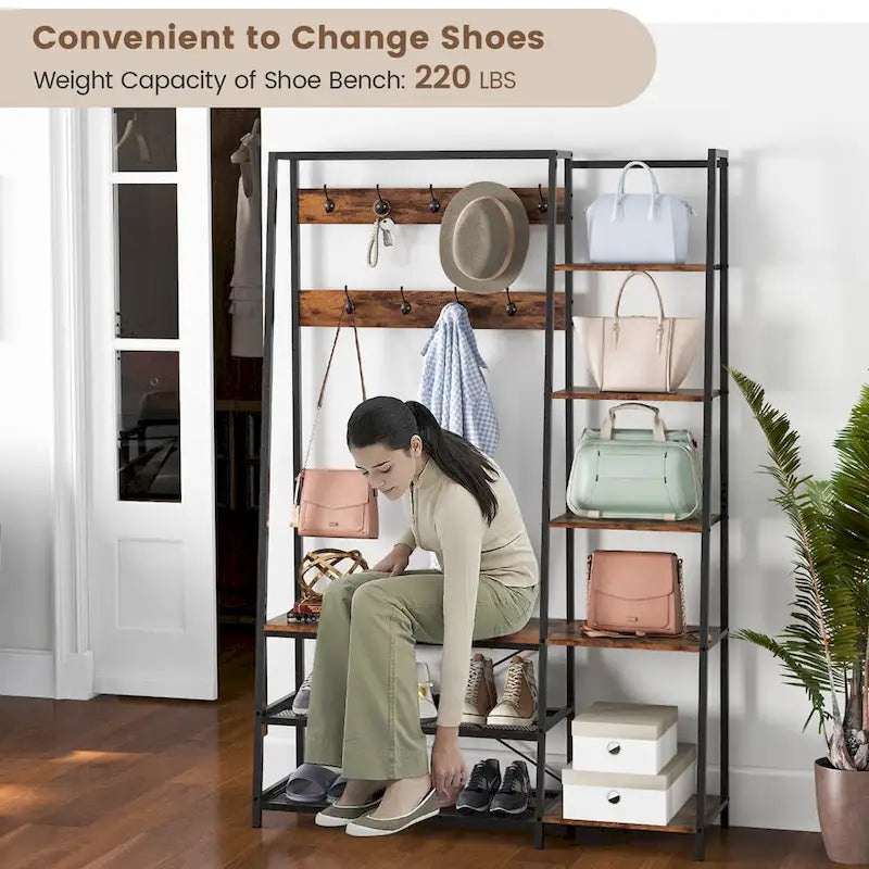 Portemanteau d'entrée 5-en-1 autoportant Costway avec banc à chaussures de rangement - 1 pièce