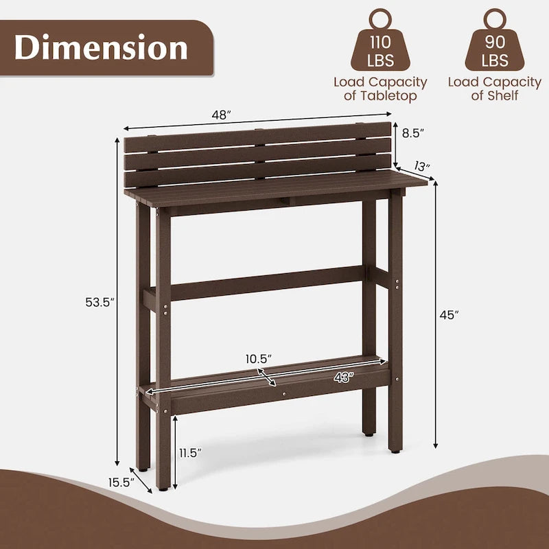 Table de bar d'extérieur de 48 pouces avec étagère de rangement et pied réglable
