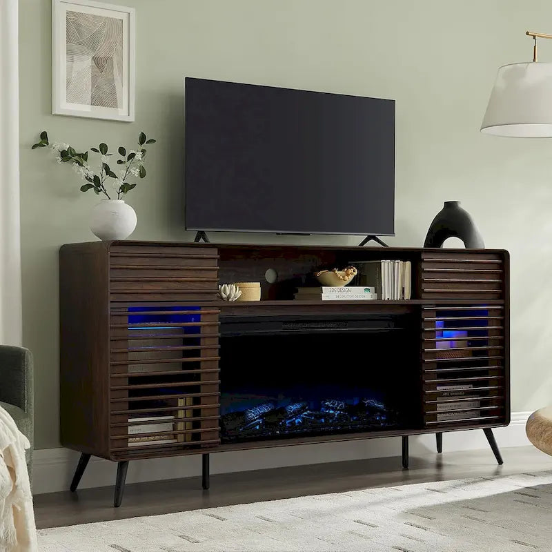 Meuble TV Cheminée Style Mid-Century, Meuble de Divertissement