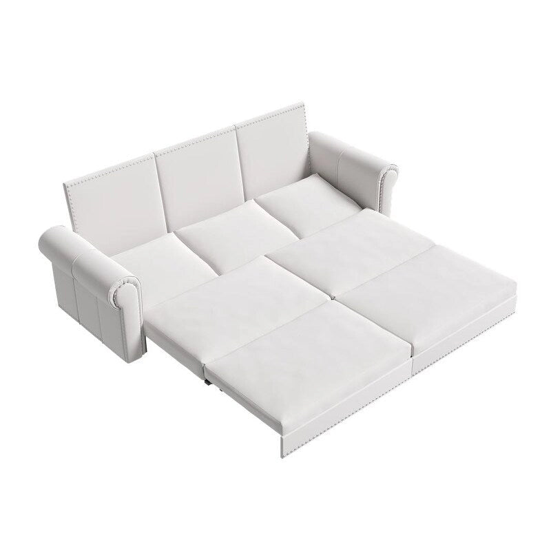 Canapé-lit Chesterfield, grand canapé-lit escamotable, canapé-lit convertible en velours/similicuir avec garniture cloutée et accoudoirs arrondis
