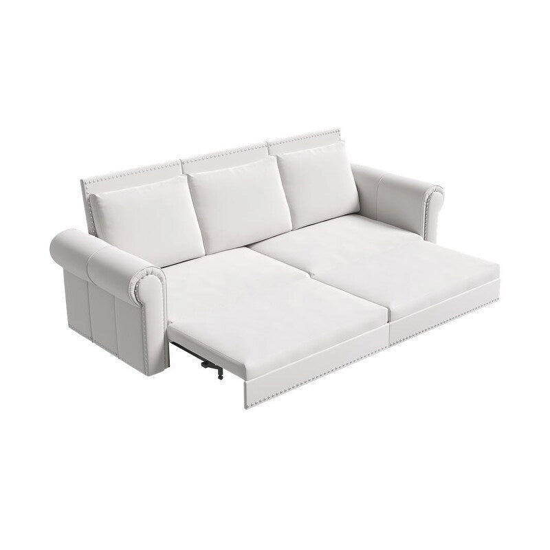 Canapé-lit Chesterfield, grand canapé-lit escamotable, canapé-lit convertible en velours/similicuir avec garniture cloutée et accoudoirs arrondis