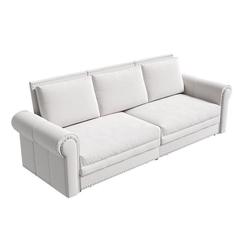 Canapé-lit Chesterfield, grand canapé-lit escamotable, canapé-lit convertible en velours/similicuir avec garniture cloutée et accoudoirs arrondis