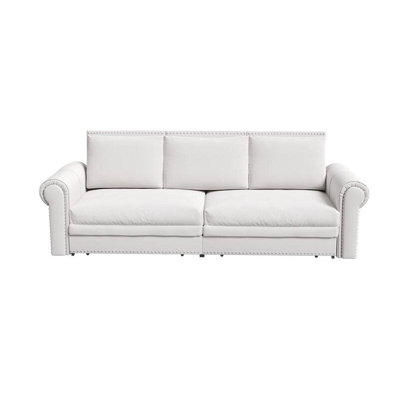 Canapé-lit Chesterfield, grand canapé-lit escamotable, canapé-lit convertible en velours/similicuir avec garniture cloutée et accoudoirs arrondis