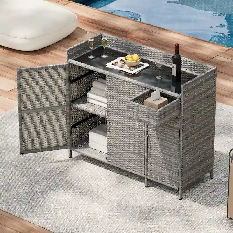 Table de bar d'extérieur en rotin osier avec plateau en verre trempé, armoire de rangement et tiroir