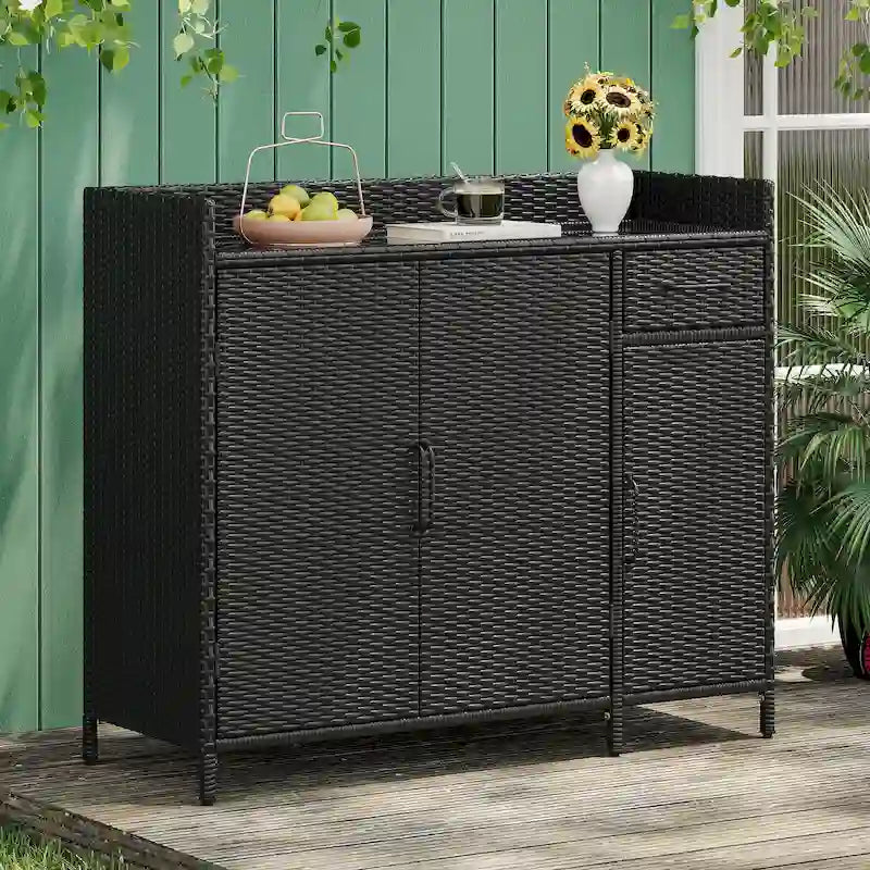 Table de bar d'extérieur en rotin osier avec plateau en verre trempé, armoire de rangement et tiroir