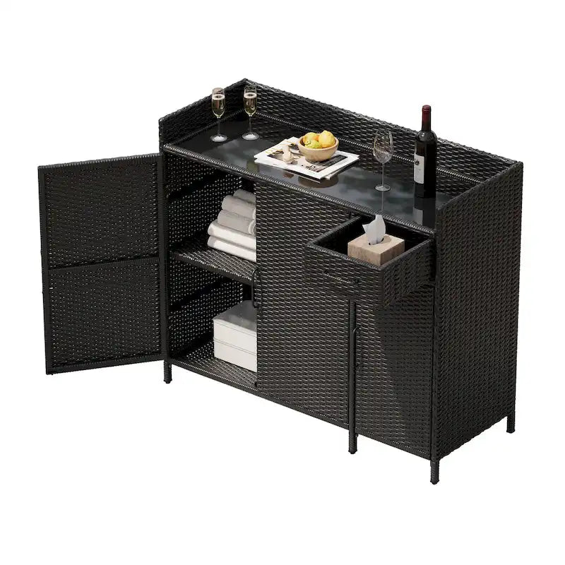 Table de bar d'extérieur en rotin osier avec plateau en verre trempé, armoire de rangement et tiroir