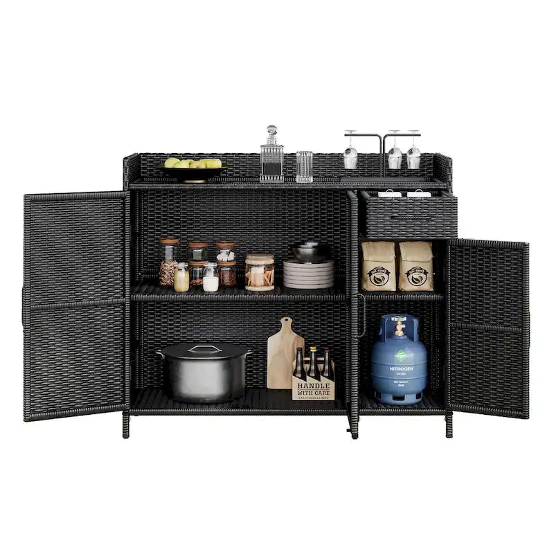 Table de bar d'extérieur en rotin osier avec plateau en verre trempé, armoire de rangement et tiroir
