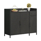 Table de bar d'extérieur en rotin osier avec plateau en verre trempé, armoire de rangement et tiroir