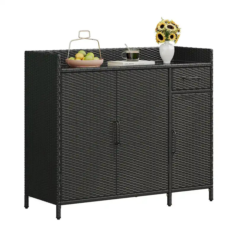 Table de bar d'extérieur en rotin osier avec plateau en verre trempé, armoire de rangement et tiroir