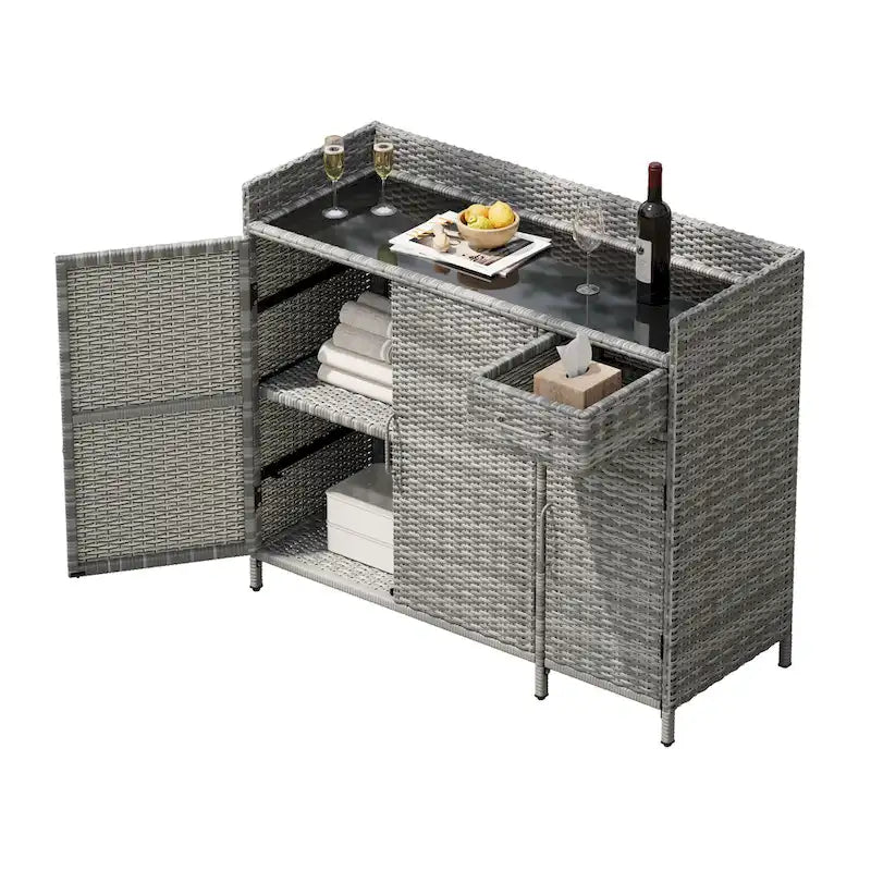 Table de bar d'extérieur en rotin osier avec plateau en verre trempé, armoire de rangement et tiroir