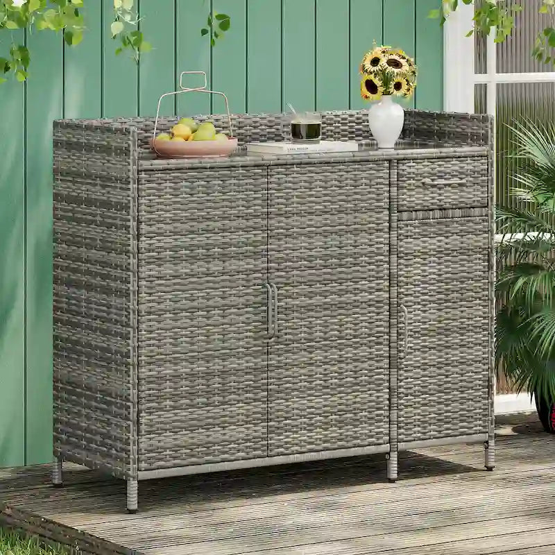 Table de bar d'extérieur en rotin osier avec plateau en verre trempé, armoire de rangement et tiroir