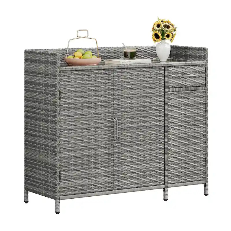 Table de bar d'extérieur en rotin osier avec plateau en verre trempé, armoire de rangement et tiroir