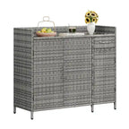 Table de bar d'extérieur en rotin osier avec plateau en verre trempé, armoire de rangement et tiroir