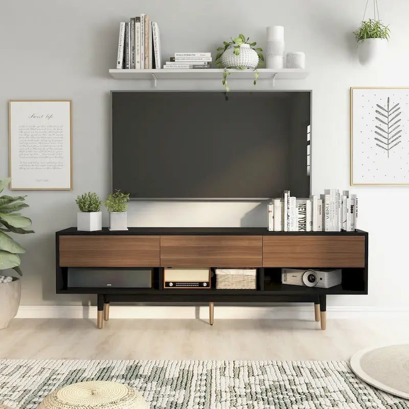 Meuble TV noir mi-siècle moderne 3 étagères 71 pouces