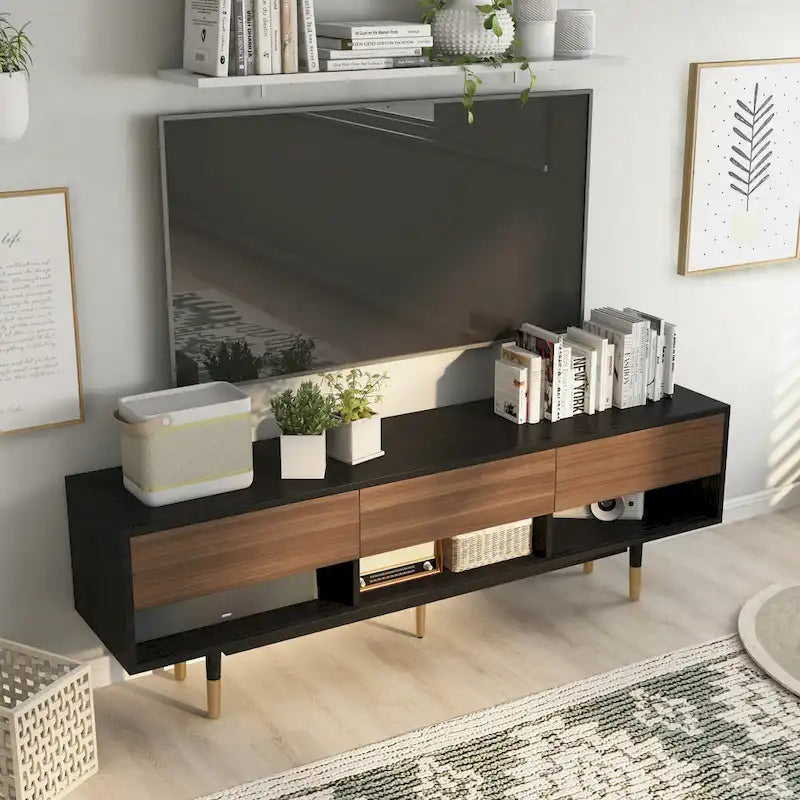 Meuble TV noir mi-siècle moderne 3 étagères 71 pouces