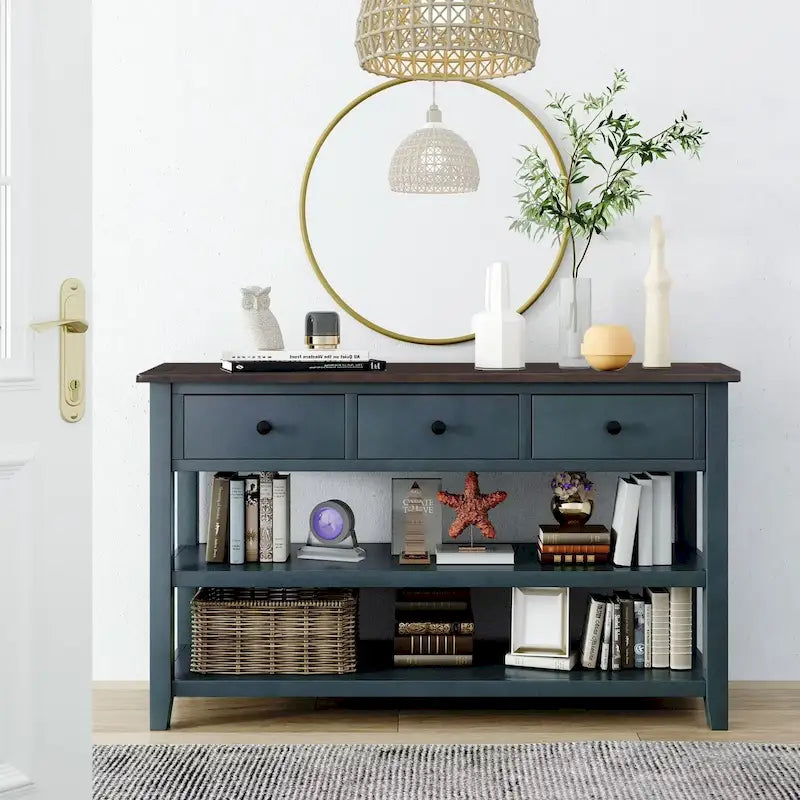 Table console de style rétro avec 2 étagères ouvertes et 3 tiroirs, cadre et pieds en bois de pin massif pour salon, entrée