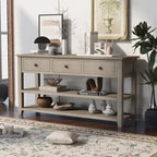 Table console de style rétro avec 2 étagères ouvertes et 3 tiroirs, cadre et pieds en bois de pin massif pour salon, entrée