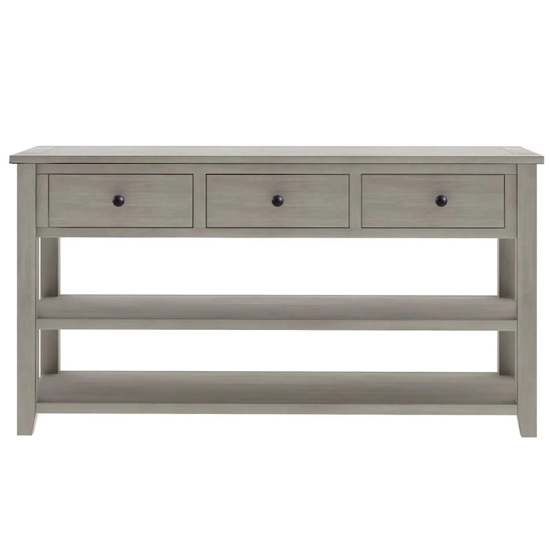 Table console de style rétro avec 2 étagères ouvertes et 3 tiroirs, cadre et pieds en bois de pin massif pour salon, entrée