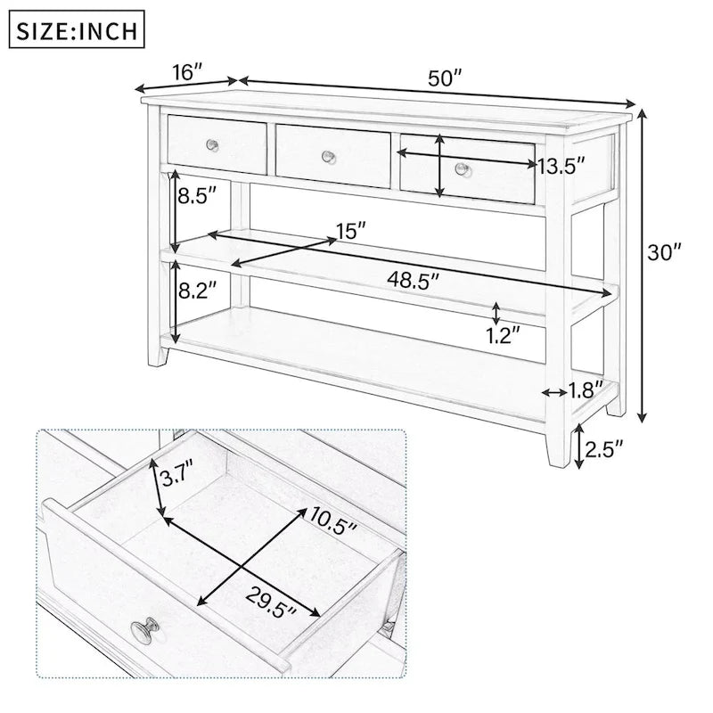 Table console de style rétro avec 2 étagères ouvertes et 3 tiroirs, cadre et pieds en bois de pin massif pour salon, entrée