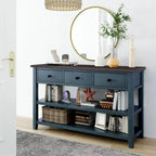 Table console de style rétro avec 2 étagères ouvertes et 3 tiroirs, cadre et pieds en bois de pin massif pour salon, entrée