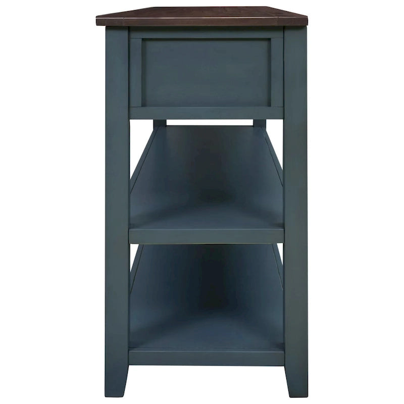 Table console de style rétro avec 2 étagères ouvertes et 3 tiroirs, cadre et pieds en bois de pin massif pour salon, entrée