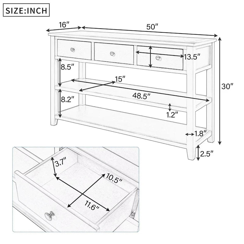 Table console de style rétro avec 2 étagères ouvertes et 3 tiroirs, cadre et pieds en bois de pin massif pour salon, entrée