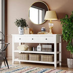 Table console de style rétro avec 2 étagères ouvertes et 3 tiroirs, cadre et pieds en bois de pin massif pour salon, entrée