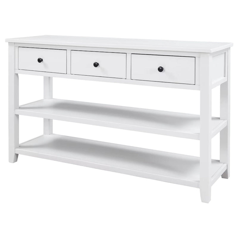 Table console de style rétro avec 2 étagères ouvertes et 3 tiroirs, cadre et pieds en bois de pin massif pour salon, entrée