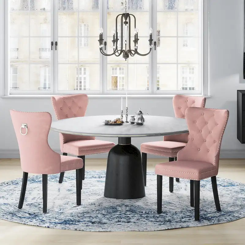 Chaise de salle à manger capitonnée à dossier haut avec clous décoratifs et anneaux de tirage