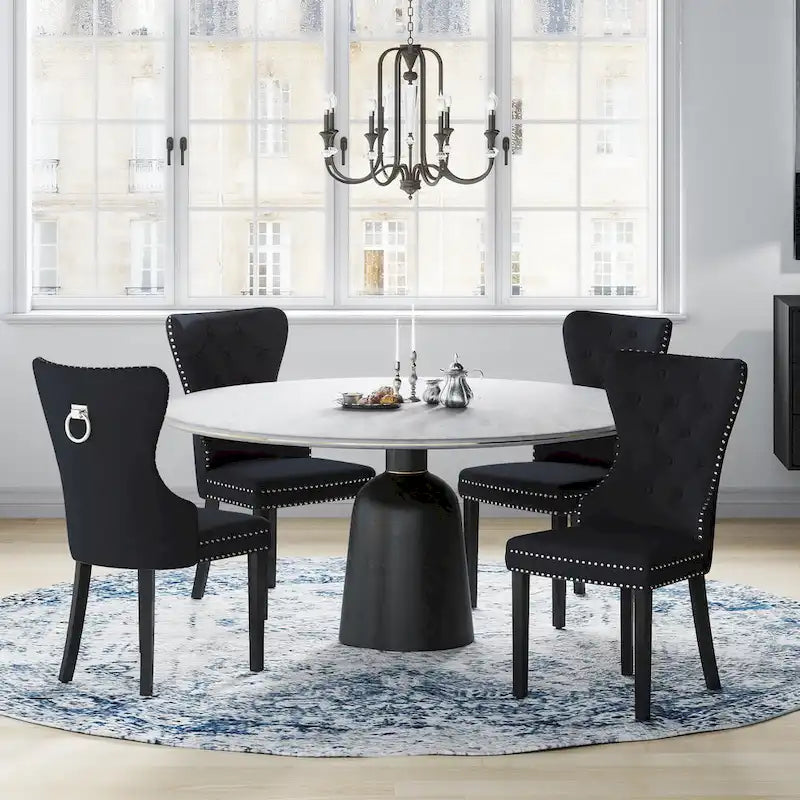 Chaise de salle à manger capitonnée à dossier haut avec clous décoratifs et anneaux de tirage