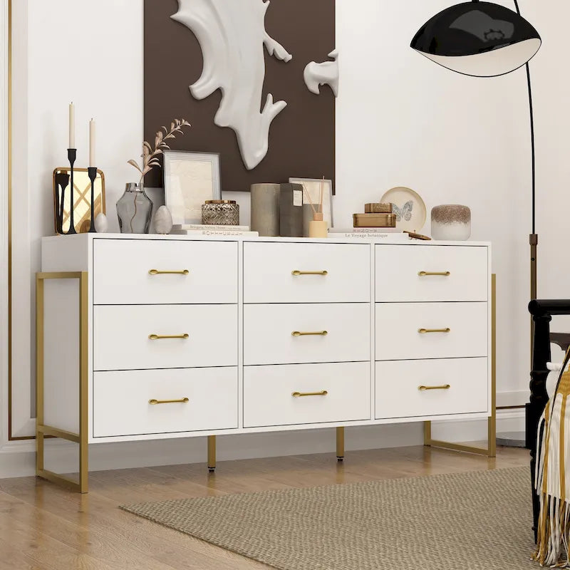 Commode moderne noire de 61,4W avec 9 tiroirs spacieux - Poignées dorées