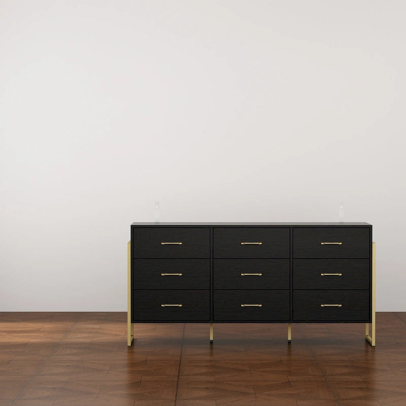Commode moderne noire de 61,4W avec 9 tiroirs spacieux - Poignées dorées