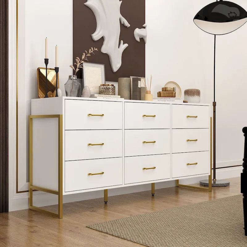 Commode moderne noire de 61,4W avec 9 tiroirs spacieux - Poignées dorées