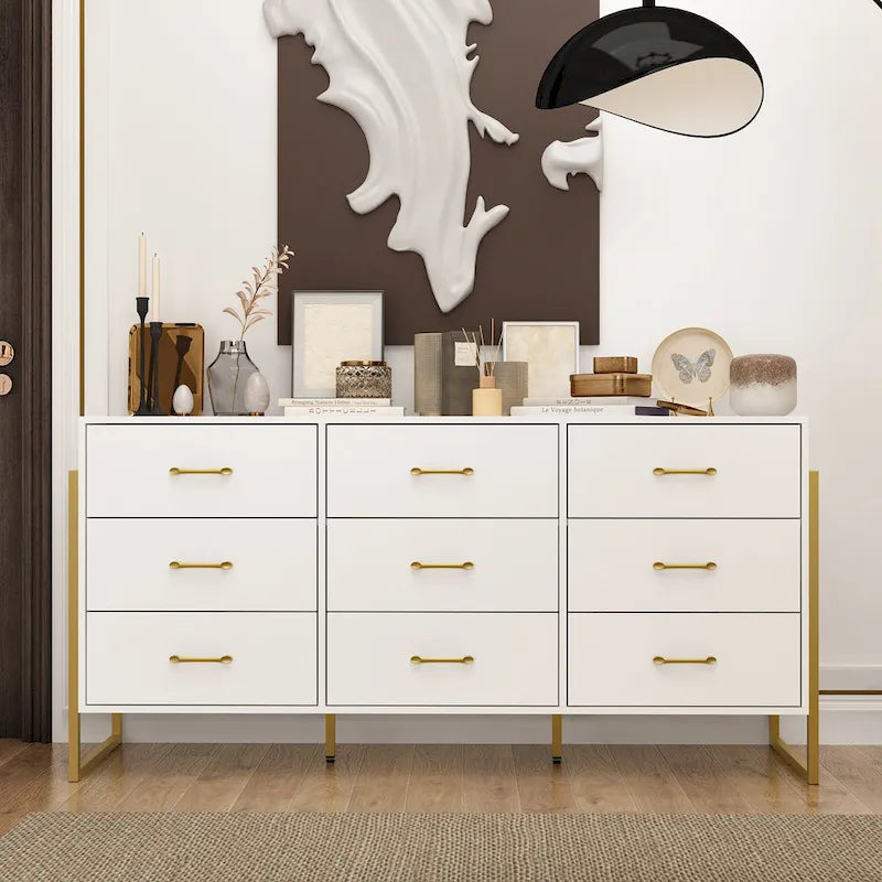 Commode moderne noire de 61,4W avec 9 tiroirs spacieux - Poignées dorées