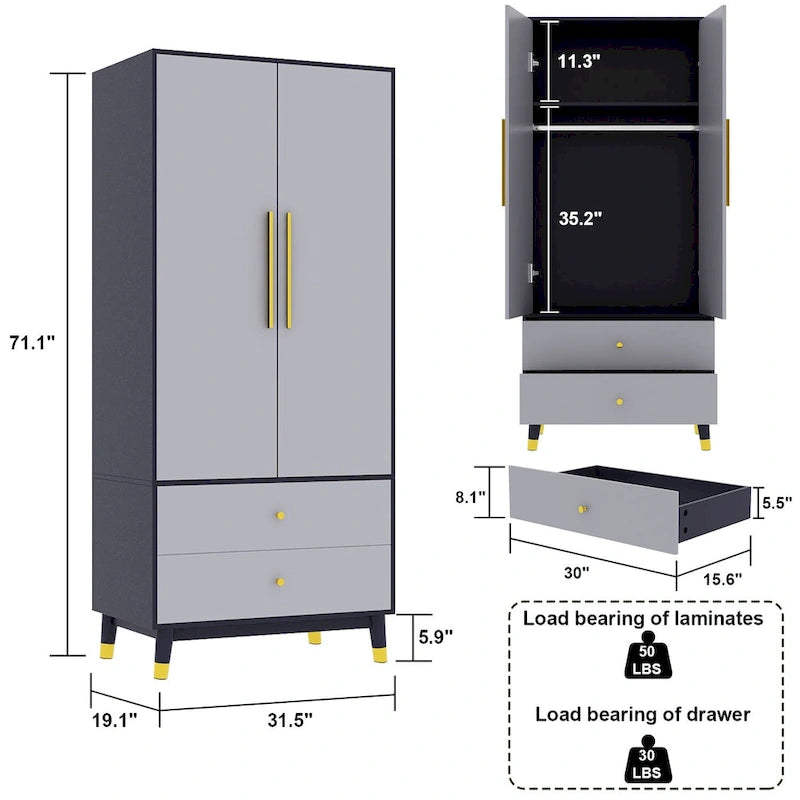 Armoire 2 portes en bois avec 2 tiroirs