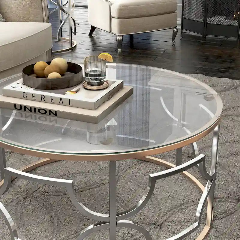 Table basse ronde ouverte chromée et dorée de style moderne