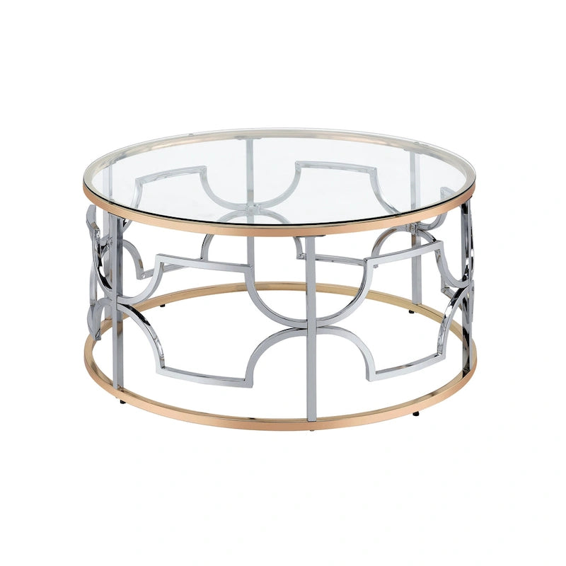 Table basse ronde ouverte chromée et dorée de style moderne