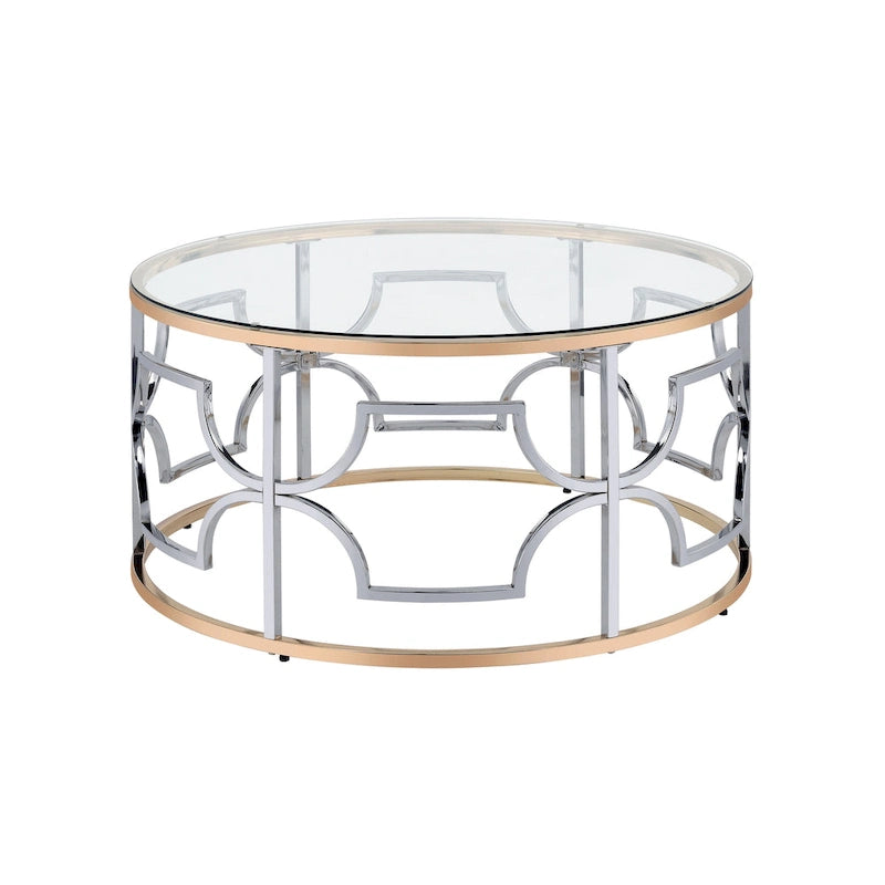 Table basse ronde ouverte chromée et dorée de style moderne
