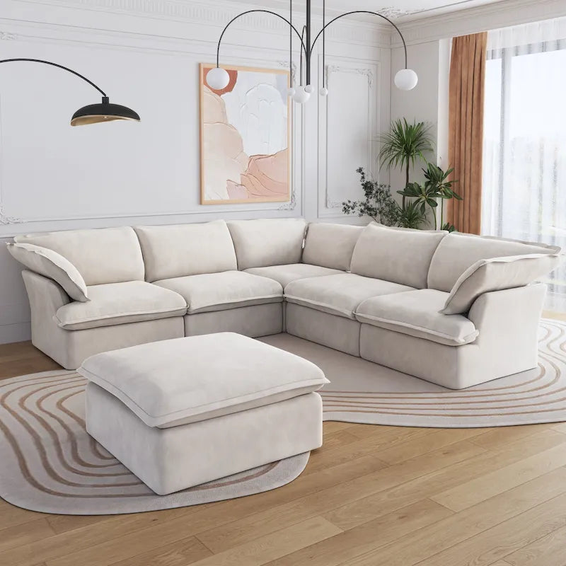 Canapé d'angle modulable en lin L-forme 5 pièces avec ottoman