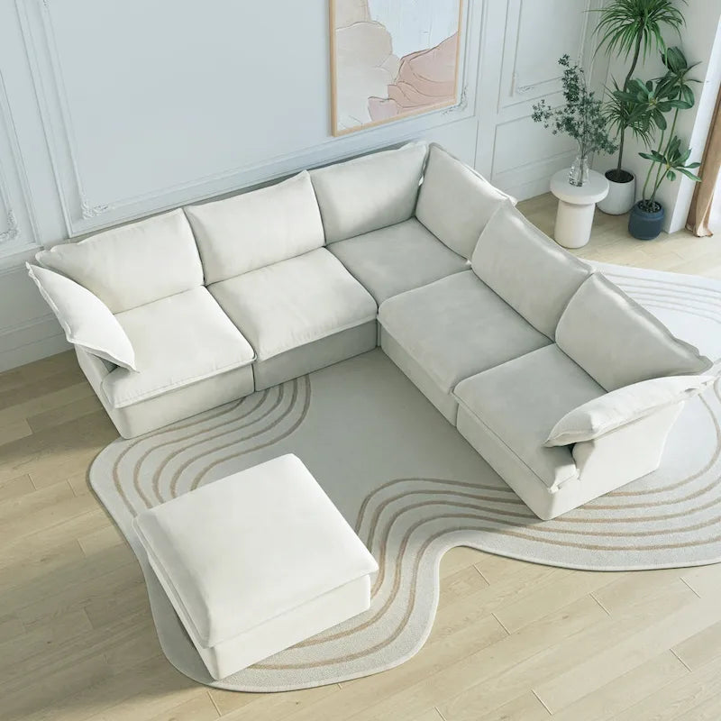 Canapé d'angle modulable en lin L-forme 5 pièces avec ottoman