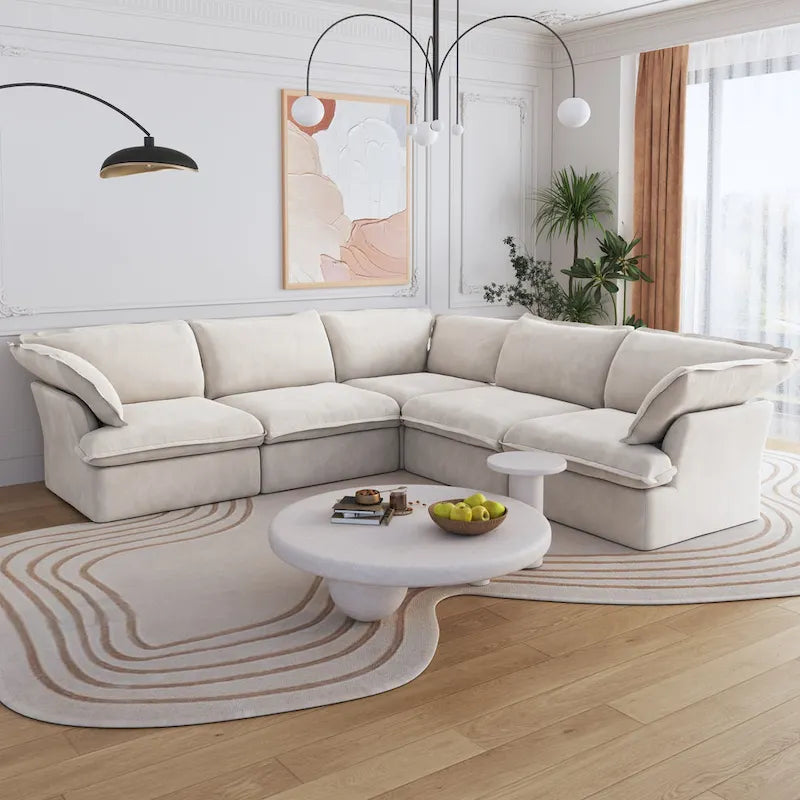 Canapé d'angle modulable en lin L-forme 5 pièces avec ottoman