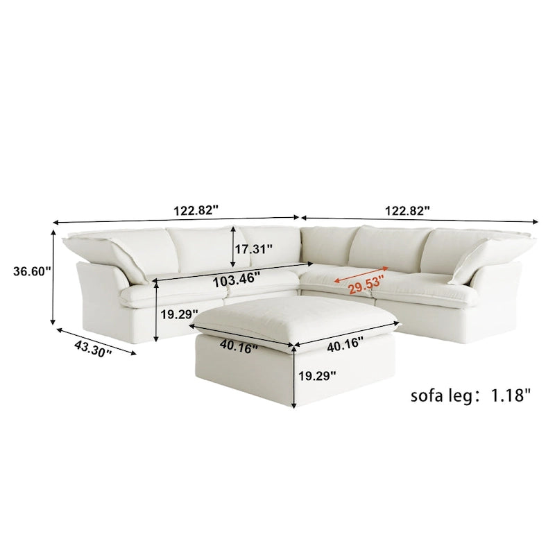 Canapé d'angle modulable en lin L-forme 5 pièces avec ottoman
